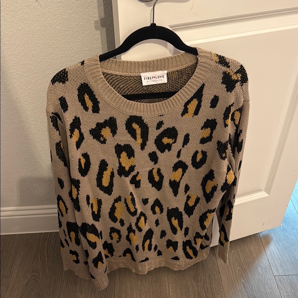 First Love Tan and Black Crew Neck Leopard Sweater